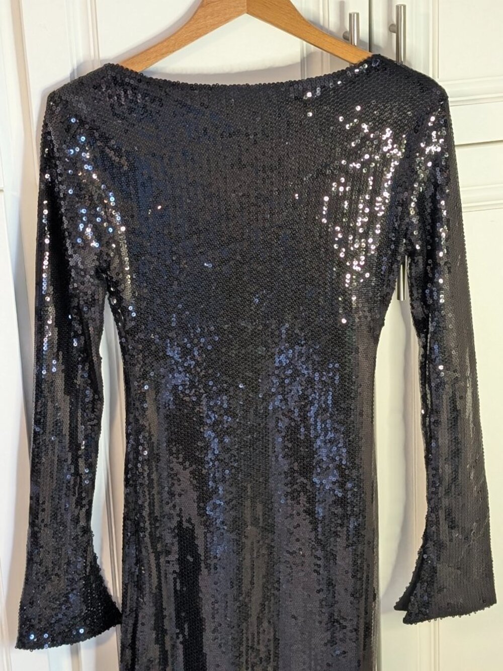 Black Sequin Gown Formal Open Back Long Sleeve Maxi Dress Slit XS Custom NWOT - Picture 4 of 16